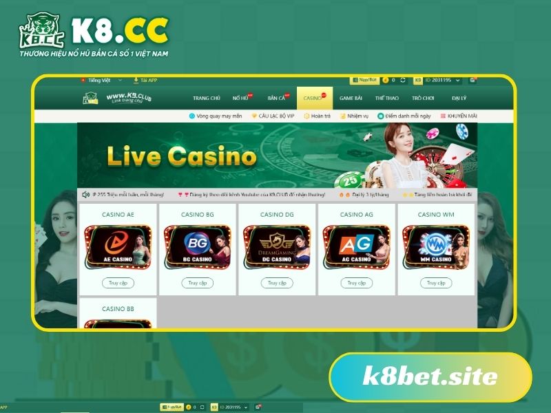Sòng bạc casino sống động tại K8cc